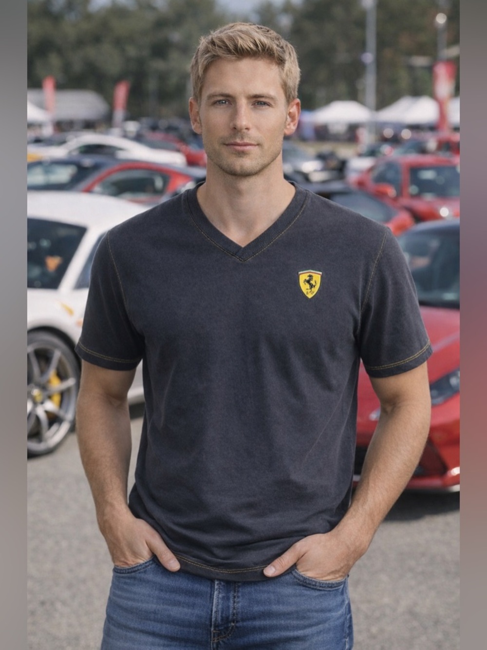Ferrari Mens Medium V Neck T Shirt Black Logo Short Sleeve Cotton Tee